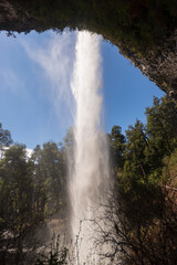 Large waterfall and crystal clear water. Located in the Argentine Patagonia. Saltillo de las Nalcas, Nahuel Huapi National Park. 