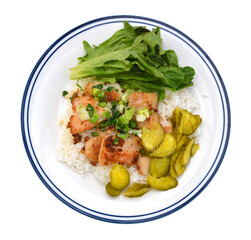 catfish, rice and vegetables on white background