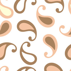 Coffee color paisley beans seamless pattern on bright background. Vector decorative background
