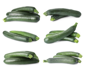 Set of whole fresh zucchinis on white background