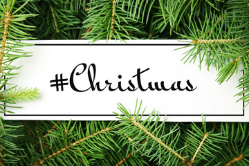 Blank card with hashtag Christmas on fir tree branches, top view