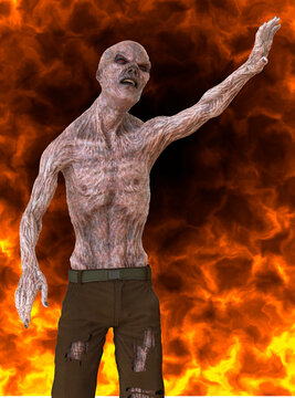 Fantsy zombie undead burns in a hellfire 3d illustration