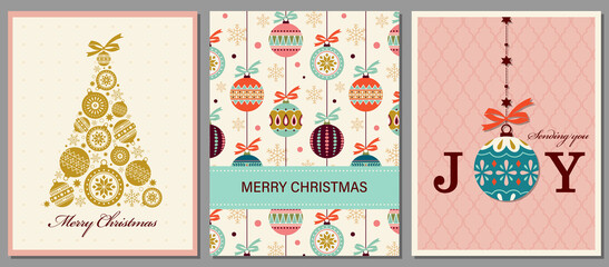 Set of Christmas card designs with Christmas ornaments.