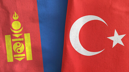 Turkey and Mongolia two flags textile cloth 3D rendering