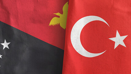 Turkey and Papua New Guinea two flags textile cloth 3D rendering