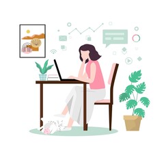 Woman working on laptop at home or home office vector Flat illustration concept design, Freelance or blogger Working From home and Study at home concept.