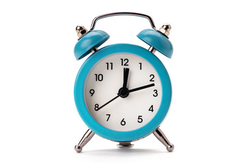 old blue alarm clock isolated on a white background. copy space. studio shot. time symbol. schedule concept