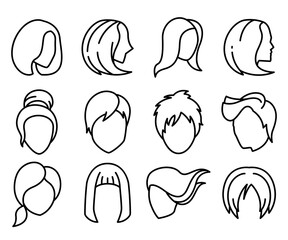 woman face and hair style line icons set