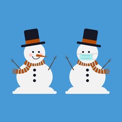 two snowmen, one wearing facemask