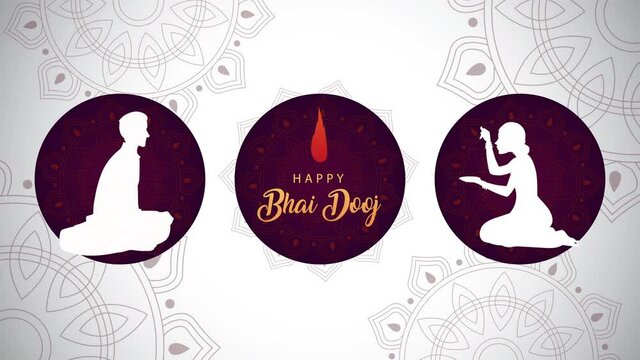 happy bhai dooj celebration animation with siblings silhouette and flame