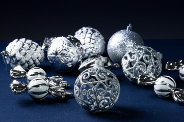 Christmas composition with  silver ornaments. Copy space