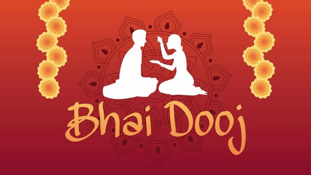 happy bhai dooj celebration animation with siblings silhouette and flowers decoration