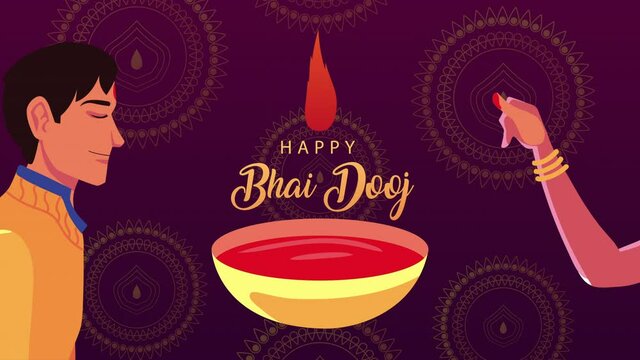 happy bhai dooj celebration animation with young brother and sister hand and red paint