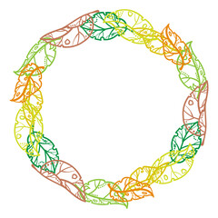 Round frame of contour colorful autumn leaves. Hand drawn design element