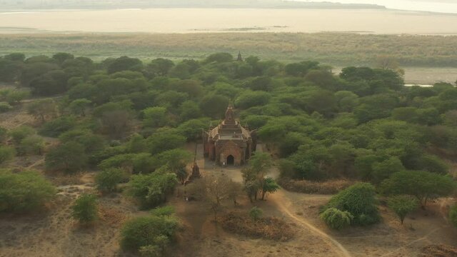 View from above, stunning aerial view of the Bagan Archaeological Zone, Myanmar. Bagan is an ancient city and a Unesco World Heritage Site located in the Mandalay Region of Myanmar.