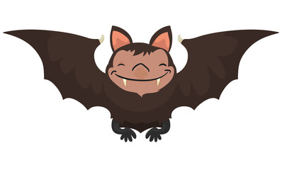 Happy Bat Flying with Brown Fur and Big Fangs, Vector Illustration