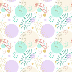 Abstract seamless pattern of circles, hand drawn feathers and spirals. Calm pastel colors