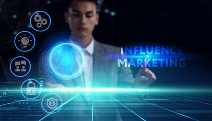 Business, technology, internet and network concept. Young businessman thinks over the steps for successful growth: Influence marketing