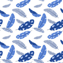 Seamless pattern of blue and gray bird feathers flying in the wind. Textile or gift wrapping paper design