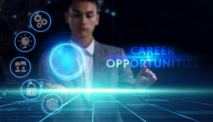 Business, technology, internet and network concept. Young businessman thinks over the steps for successful growth: Career opportunities