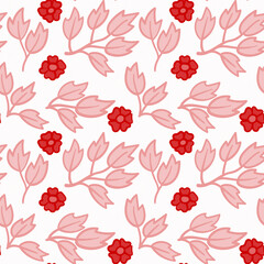 Floral seamless pattern. Hand drawn red flores and pink branches and leaves. For textile design
