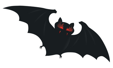Flying Dark Bat with Flaming Eyes and Bloody Fangs, Vector Illustration