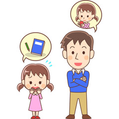 宿題を忘れて焦る少女と落ち着いた男性