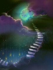 Background of creepy full moon with colorful stairs in starry night