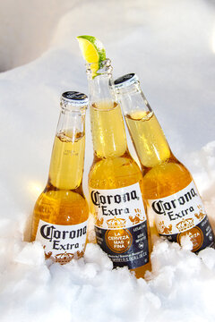 Calgary AB, Canada. October 1, 2019. three Corona beer bottles with lime on ice snow, full view.