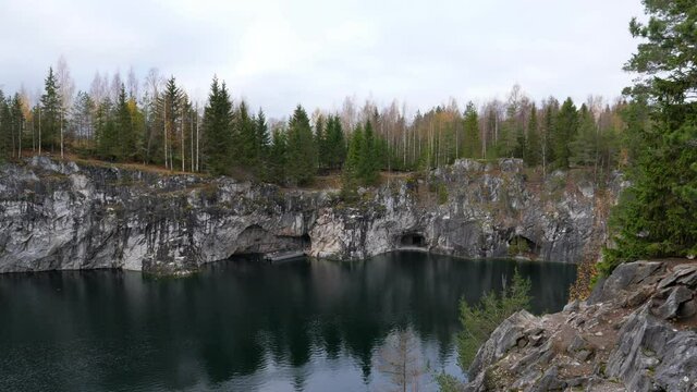 Landmark of Russia. Mountain park Ruskeala at autumn season. Marble canyon in Sortavala region of Republic of Karelia.