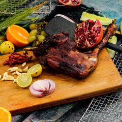 Mutton meat roasted and vegetables