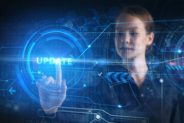 Business, technology, internet and network concept. Young businessman thinks over the steps for successful growth: Update