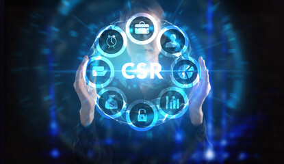 Business, technology, internet and network concept. Young businessman thinks over the steps for successful growth: CSR