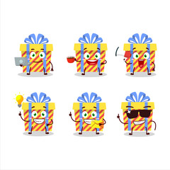 Yellow stripes gift cartoon character with various types of business emoticons