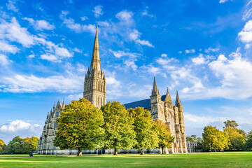 Salisbury Cathedral, formally known as the Cathedral Church of the Blessed Virgin Mary, an Anglican cathedral in Salisbury, England.