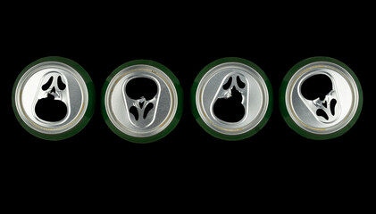 beer cans with masks of fear and horror. creative background. celebrate Halloween holiday.