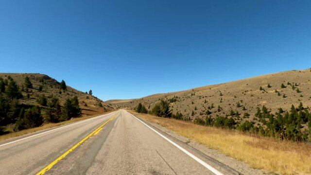 Driving a weathered curving two-lane paved road passing dry autumn grass and scattered pine trees in rolling hills on Montana Highway 287 in the southwest corner of the state-Drive Plate-POV