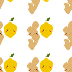 Kawaii Cartoon Ginger roots with lemon.