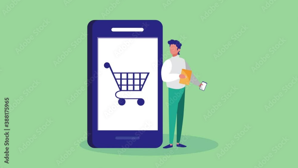 Wall mural mobile shopping technology animation with man using smartphone and cart