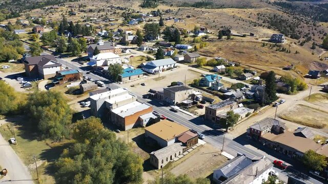 Aerial-Flying over the historic mountain town of Virginia City, Montana. Born in 1863 when gold was discovered in Alder Gulch the former "Ghost Town" was restored and is now a National Historic Landma