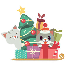 The character of cute cat in the gift box and christmas tree in flat vector style. illustation for birthday, christmas , valentine's day.