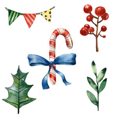 Watercolor Christmas set. Cute garland, candy cane and seasonal green plants. Hand drawn illustration. Cute cartoon style. Funny art for Christmas cards and prints. Red berries and green leaves.