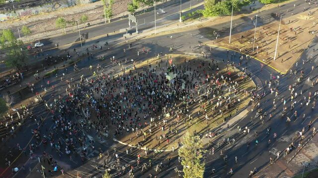 SANTIAGO, CHILE - OCTOBER 25, 2020 thousands of protesters gather hours after the end of the plebiscite in the center of Santiago de Chile in Plaza Baquedano