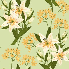 Vintage flowers and leaves. A bouquet of lilies. Seamless patterns. Pastel colors. Isolated vector illustrations.