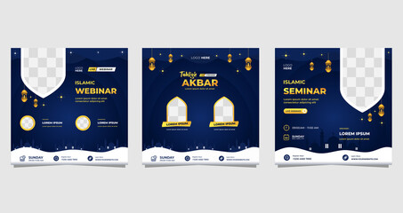 Collection of islamic social media post templates for Islamic webinar, Muslim education, Religion event and other online seminar