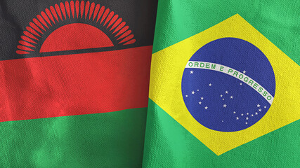 Brazil and Malawi two flags textile cloth 3D rendering