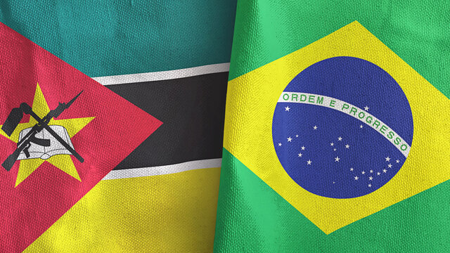 Brazil and Mozambique two flags textile cloth 3D rendering