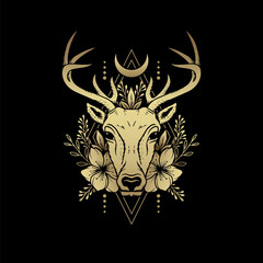 Deer heads with horns, moon and planted ornaments. Luxury illustration. a symbol of mystical magic