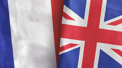 United Kingdom and France two flags textile cloth 3D rendering
