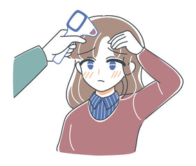 Obraz premium ベクター・検温してもらうお姉さんのイラスト・入り口で熱を測る・非接触体温計・困り顔